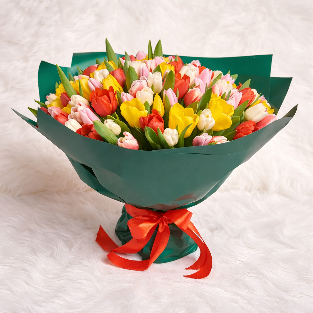 Large bouquet of mixed colorful tulips in red, yellow, pink, and white wrapped in teal paper and tied with a red ribbon on a white fur surface.