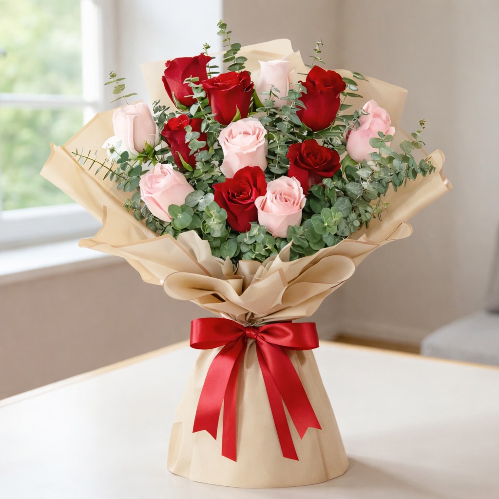 Red and pink roses with eucalyptus wrapped in kraft paper, tied with a red satin ribbon.