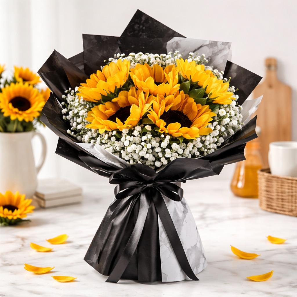 Sunflowers and baby's breath wrapped in black marble-print paper, tied with a black ribbon, on a marble surface.