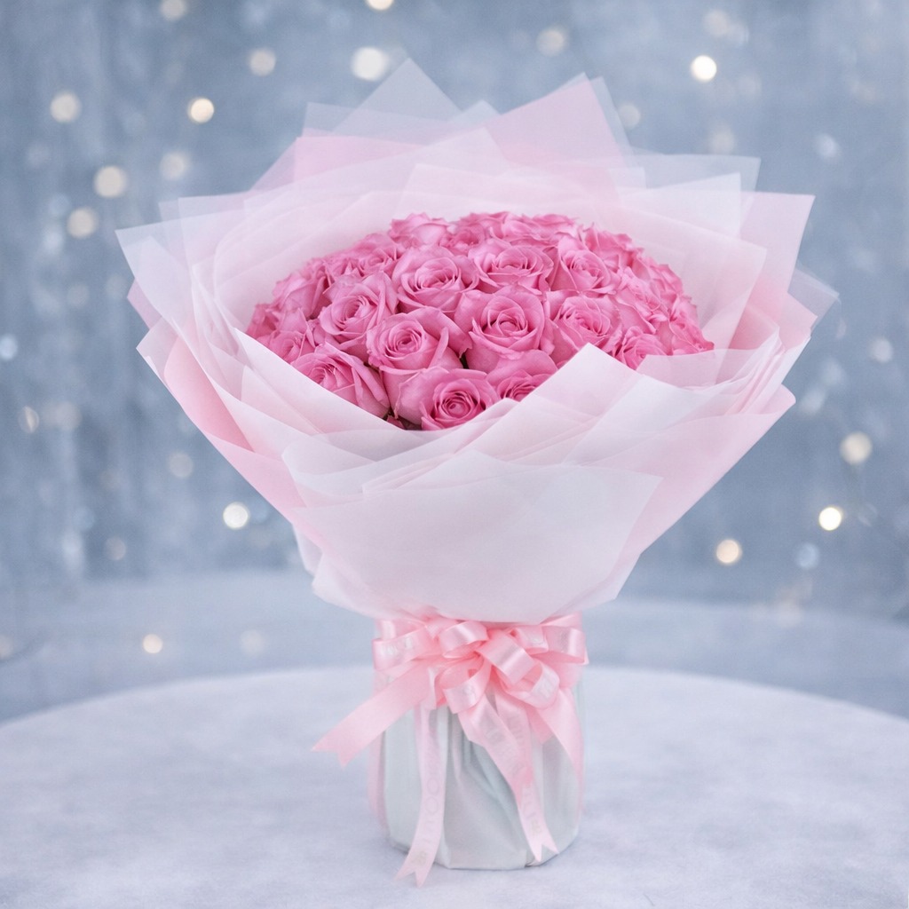 A bouquet of pink roses wrapped in soft pink tissue paper, tied with a pink satin ribbon, against a bokeh background.