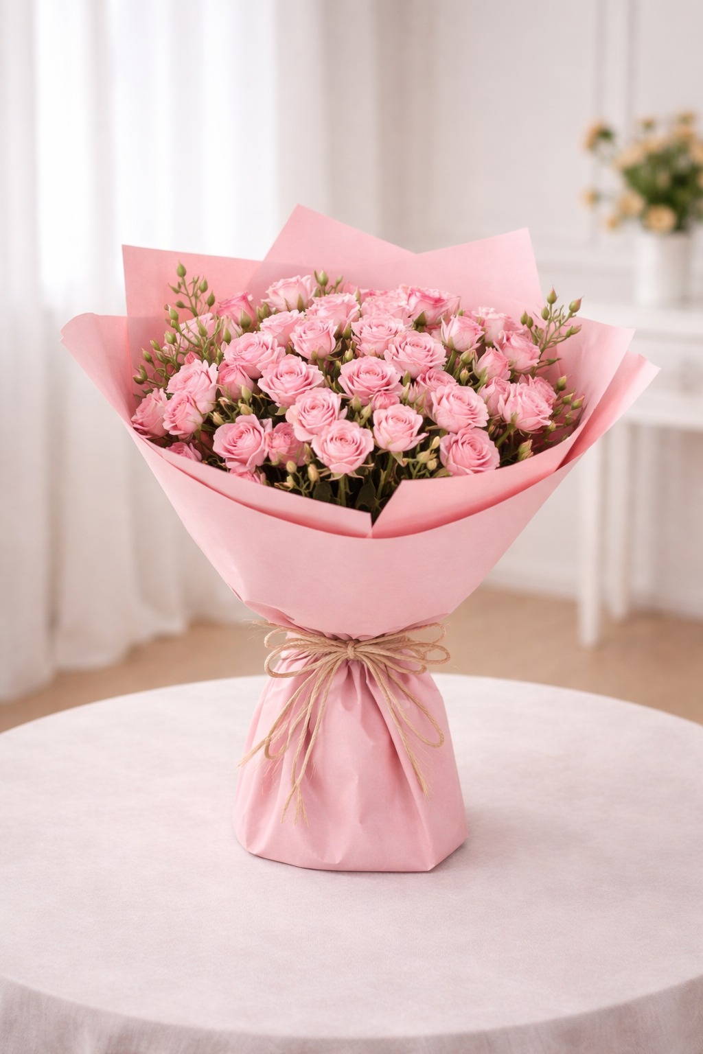 A bouquet of pink spray roses wrapped in pink paper, tied with a twine bow.