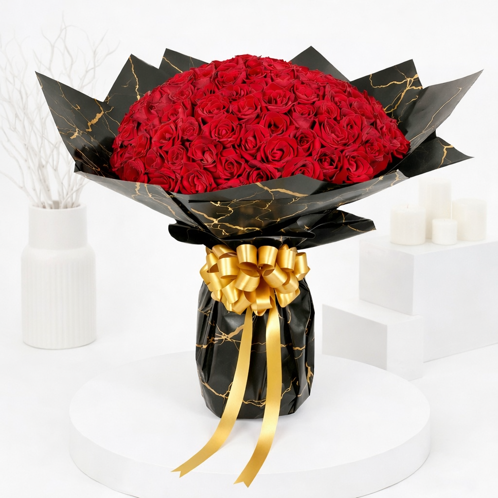A grand bouquet of red roses wrapped in black and gold marble-print paper, tied with a gold ribbon bow.