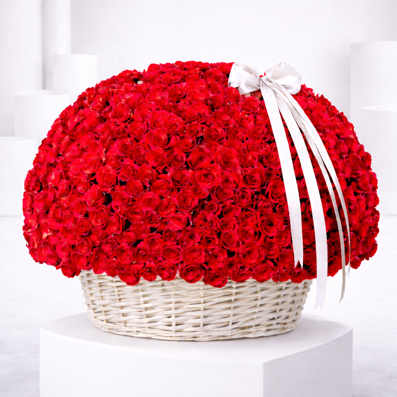 A large dome-shaped arrangement of hundreds of red roses in a white wicker basket, tied with a white satin ribbon bow.