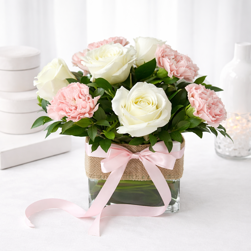 White roses and pink carnations in a square glass vase wrapped in burlap with a pink ribbon bow.