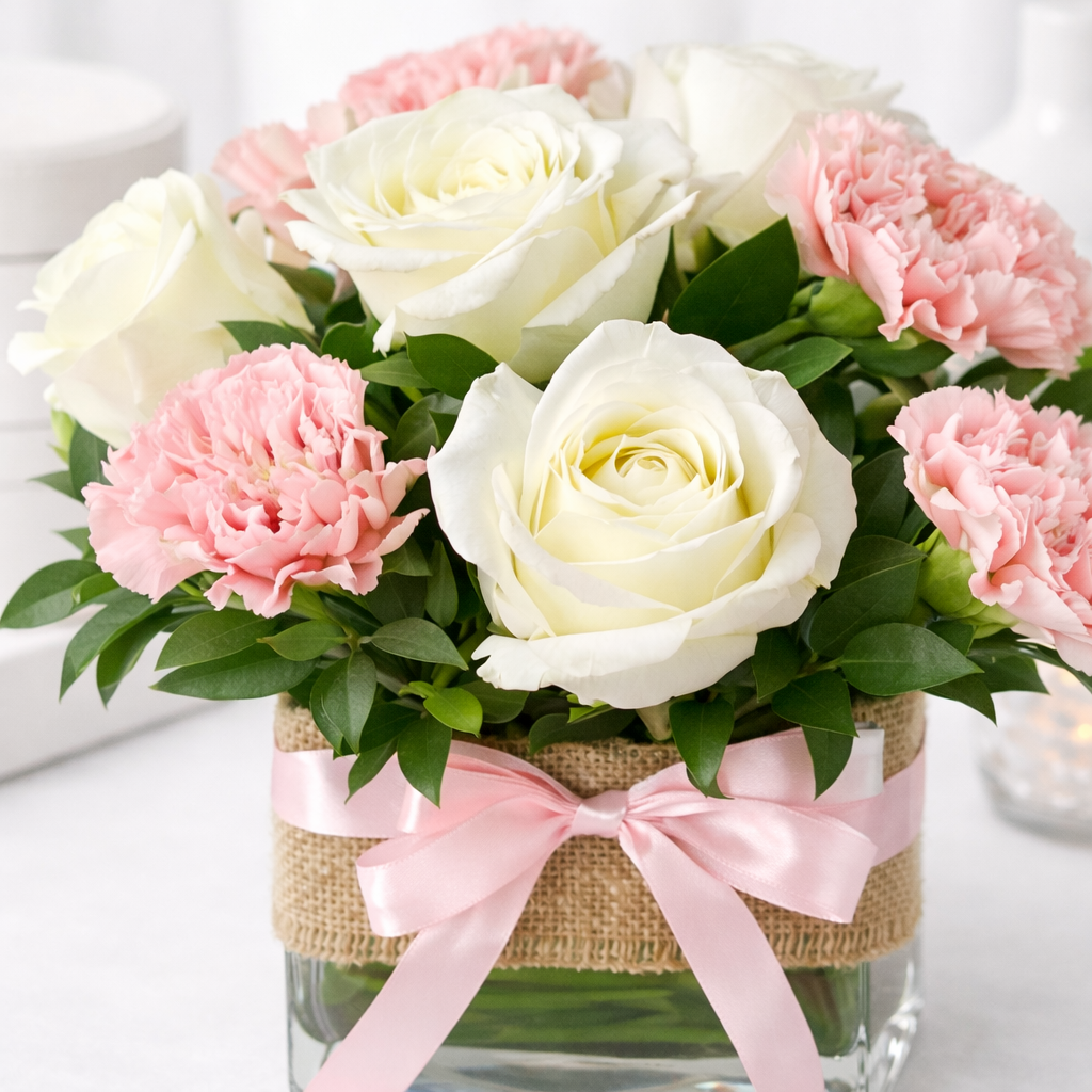 Close-up of white roses and pink carnations in a burlap-wrapped glass vase with a pink satin bow.