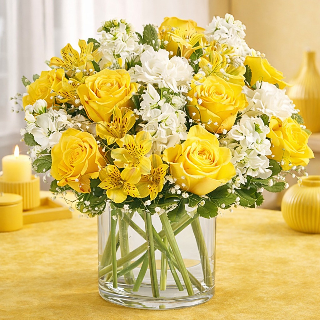 Yellow roses, alstroemeria, and white blooms with baby's breath in a clear glass vase.