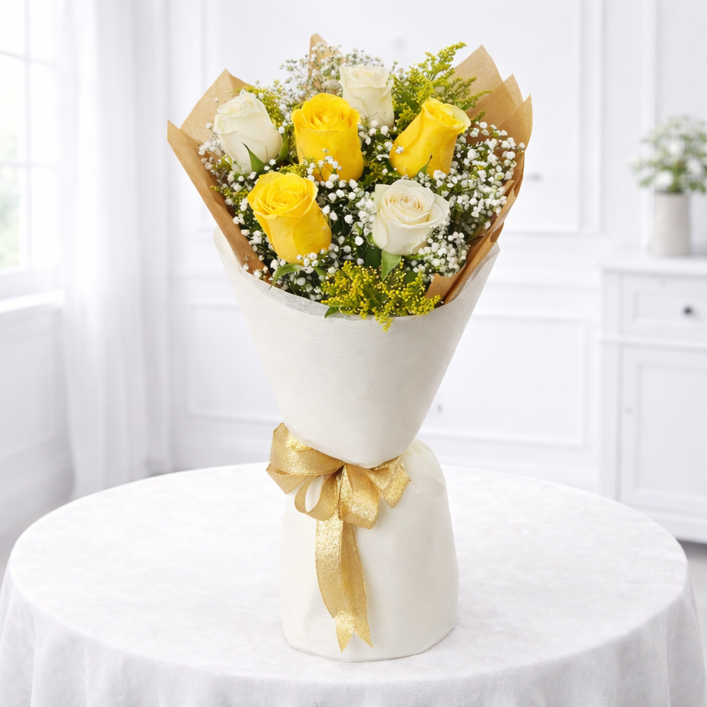 Yellow and white roses with baby's breath wrapped in kraft and white paper tied with a gold ribbon bow.