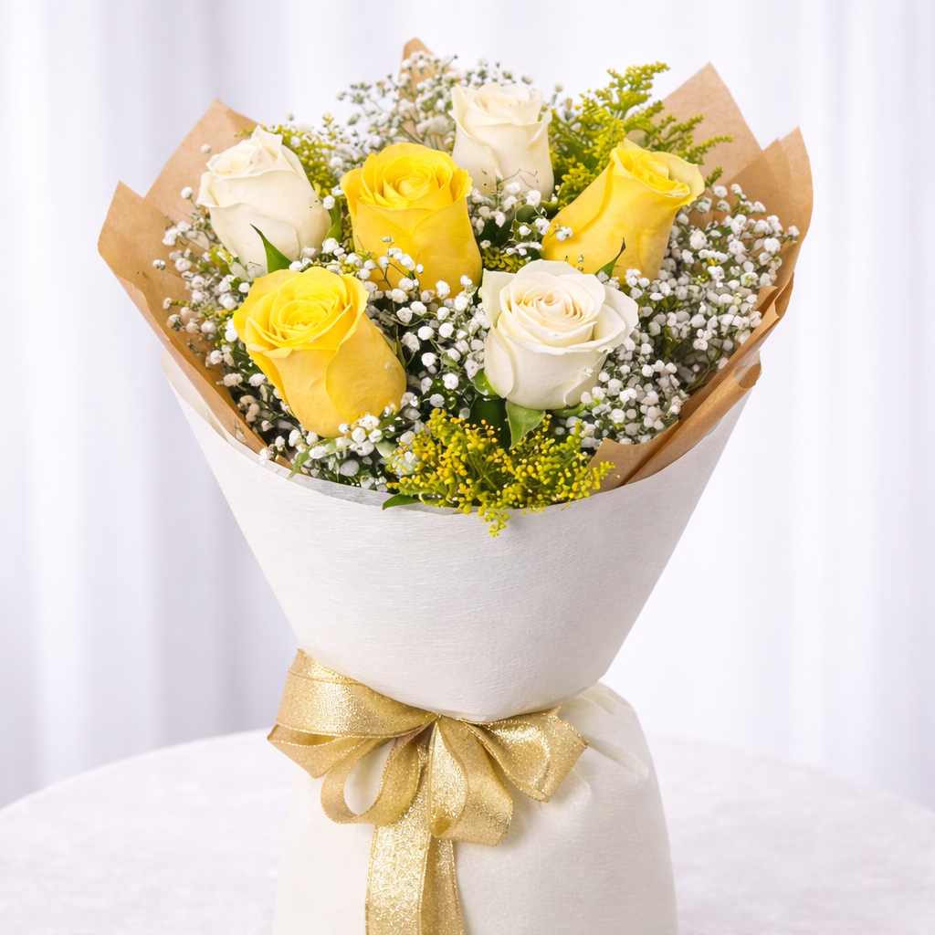 Close-up of yellow and white roses with baby's breath in kraft and white paper wrapping with a gold ribbon