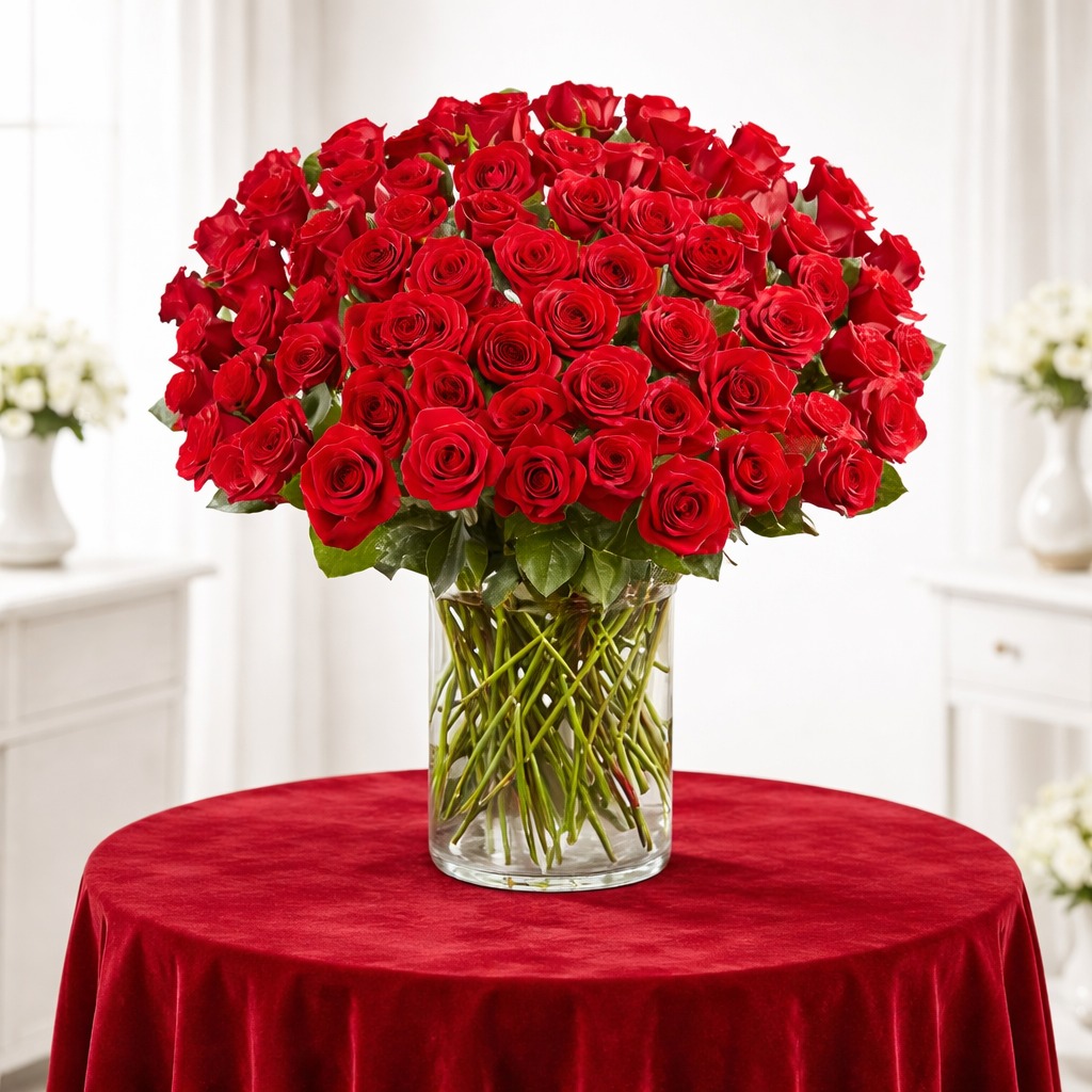 Large arrangement of red roses in a clear glass vase on a red velvet tablecloth.