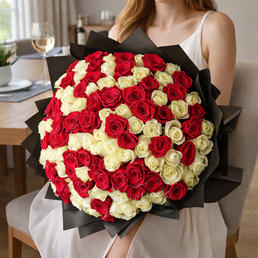 Woman in a white dress holding a large luxury bouquet of red and white roses wrapped in black paper.