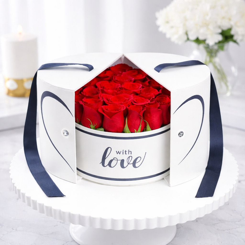 Red roses revealed inside an open white "With Love" gift box with navy ribbon, displayed on a cake stand.
