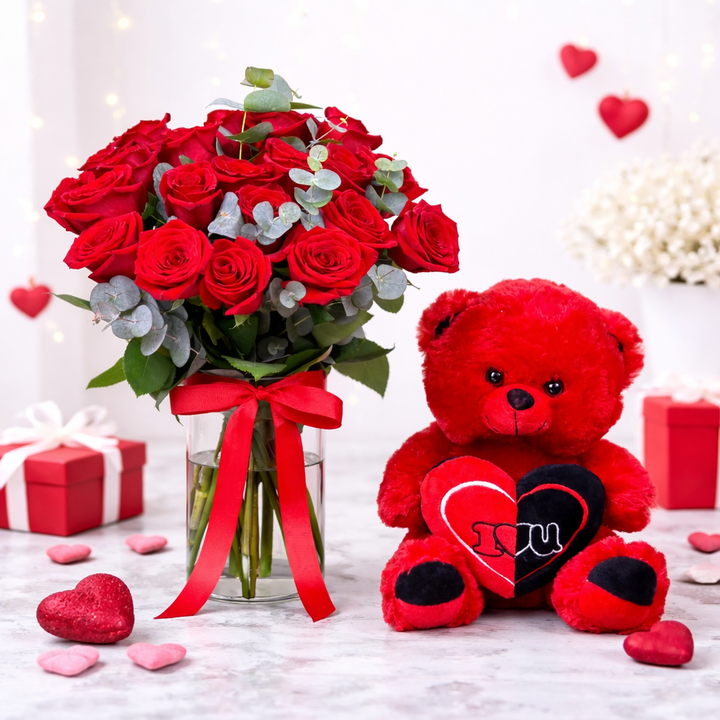 Red roses bouquet in glass vase with ribbon and cute teddy bear gift set on romantic background.