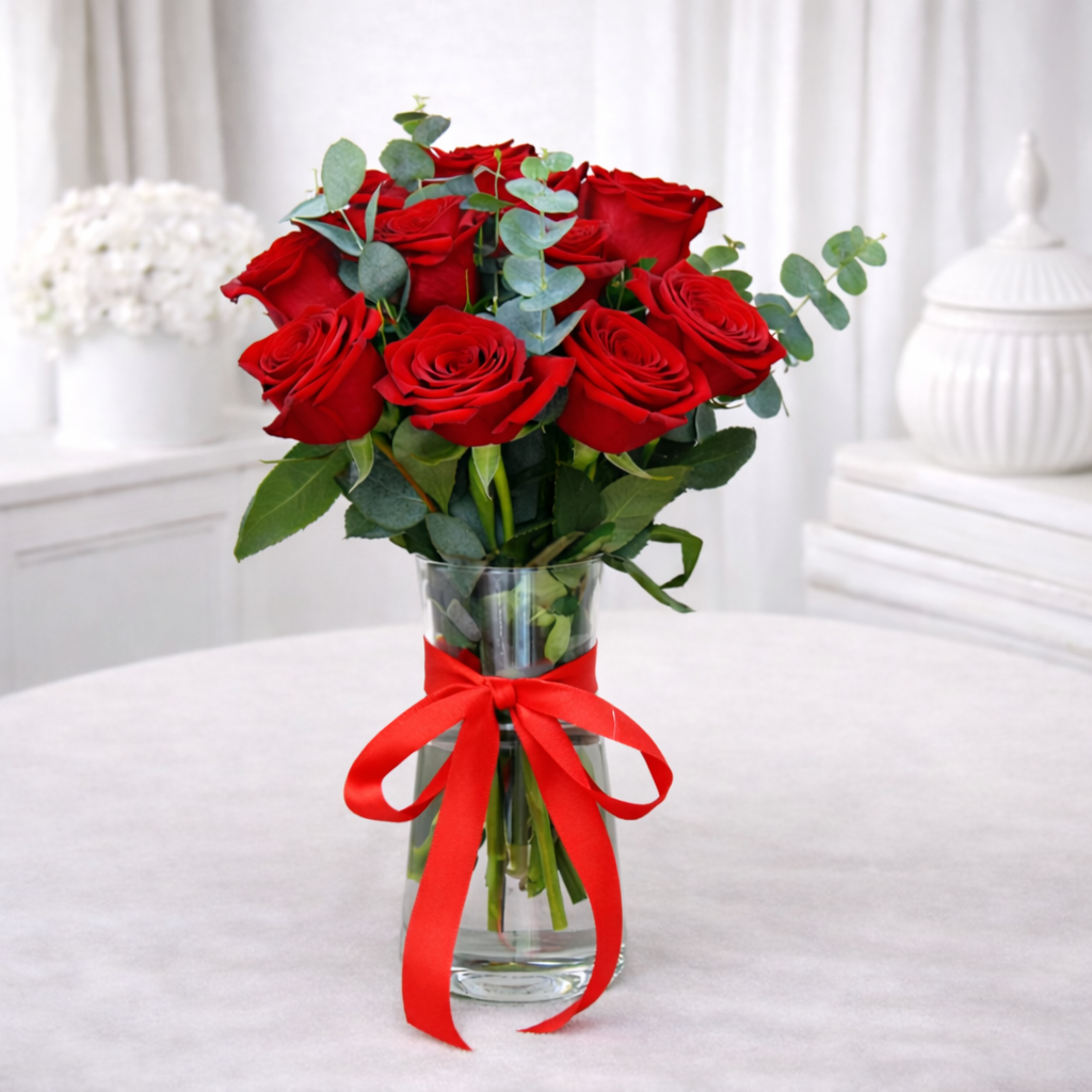Red rose bouquet in glass vase with red ribbon