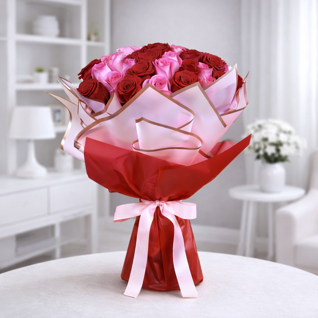 Red and pink rose bouquet wrapped in red paper with ribbon