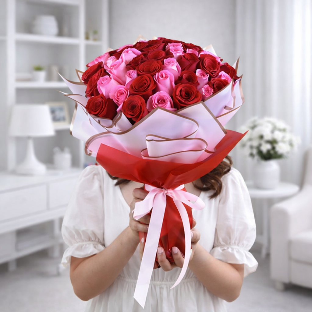 Woman holding red and pink rose bouquet wrapped in red paper