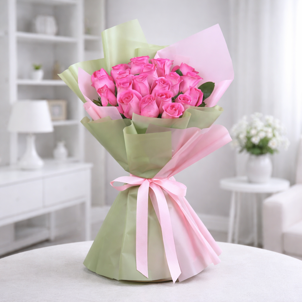Pink rose bouquet wrapped in pastel green and pink paper with ribbon