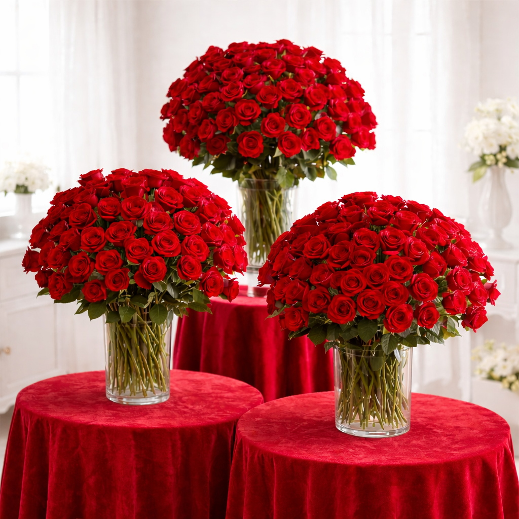 Three large red rose bouquets in glass vases on red tables