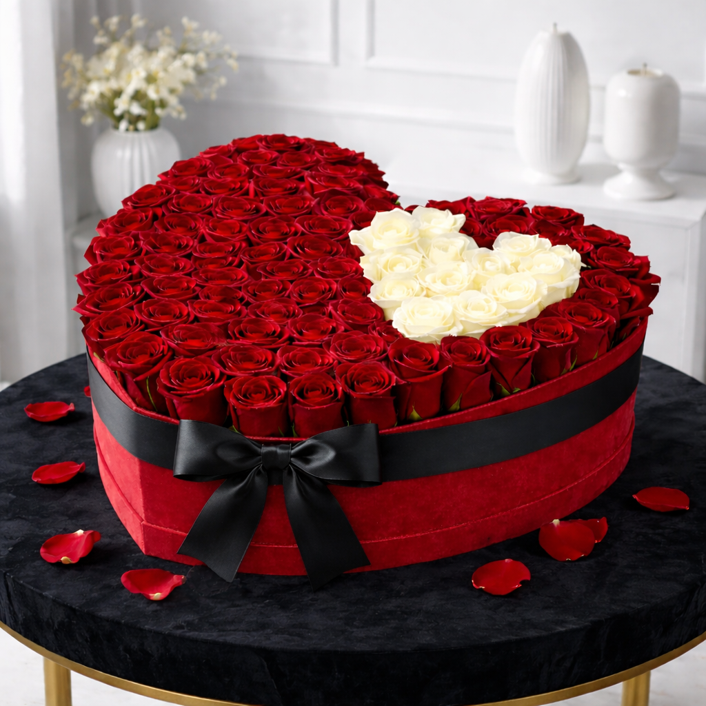 Heart-shaped red rose box with white rose heart and black ribbon