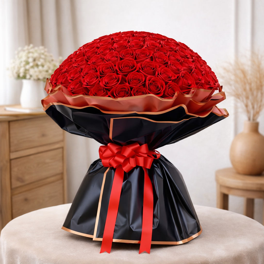 Large dome red rose bouquet wrapped in black paper with red ribbon