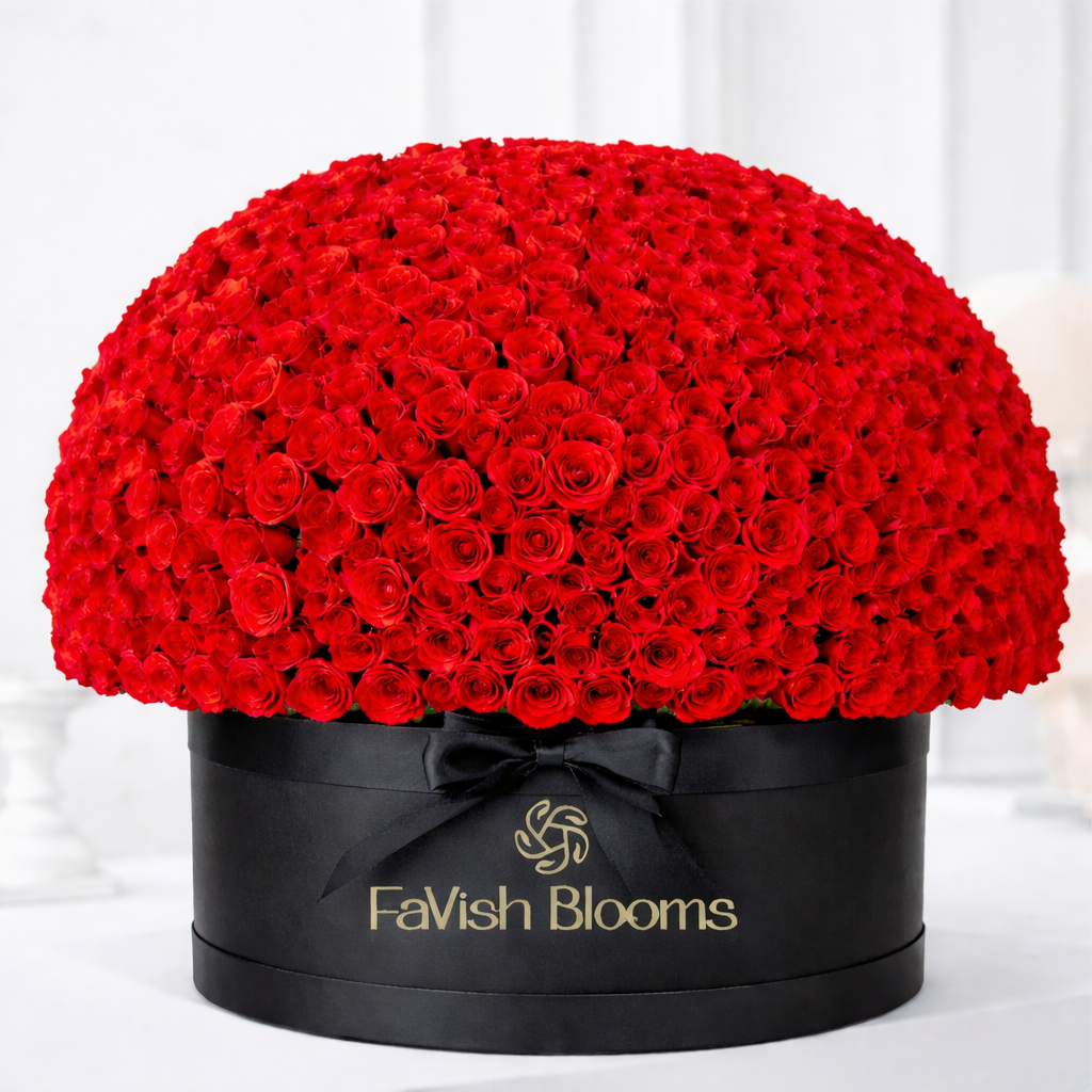 A large dome-shaped arrangement of red roses in a black luxury hatbox tied with a satin ribbon, branded "FaVish Blooms"