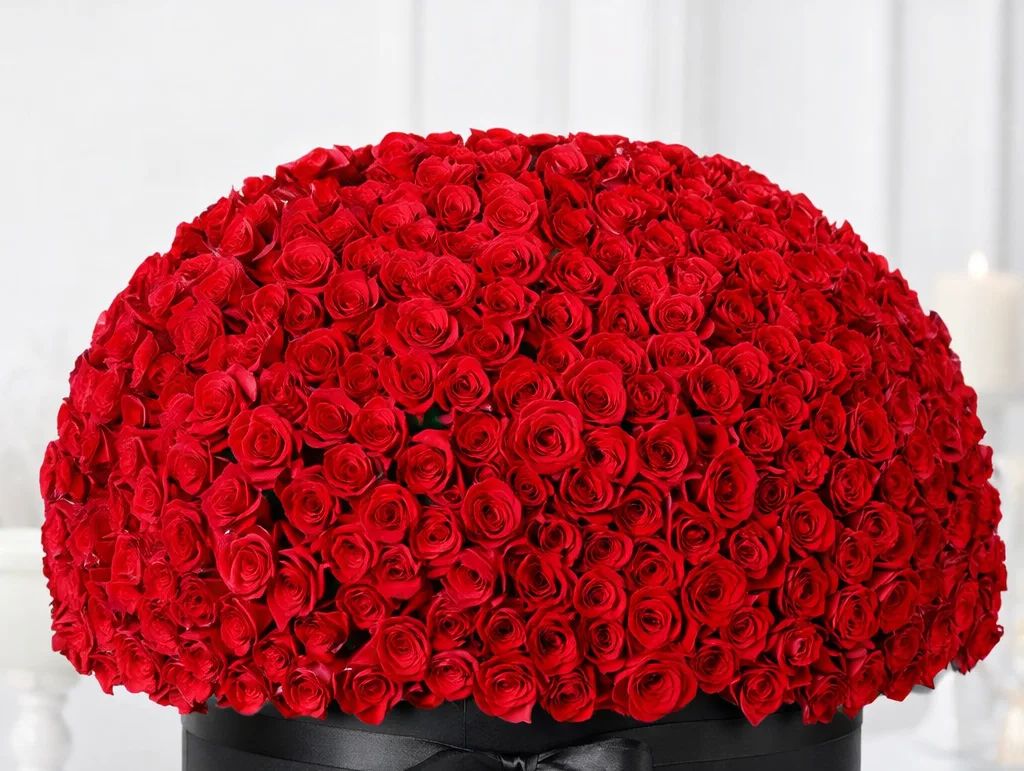 Hundreds of red roses arranged in a dome shape in a black hatbox with a satin ribbon.