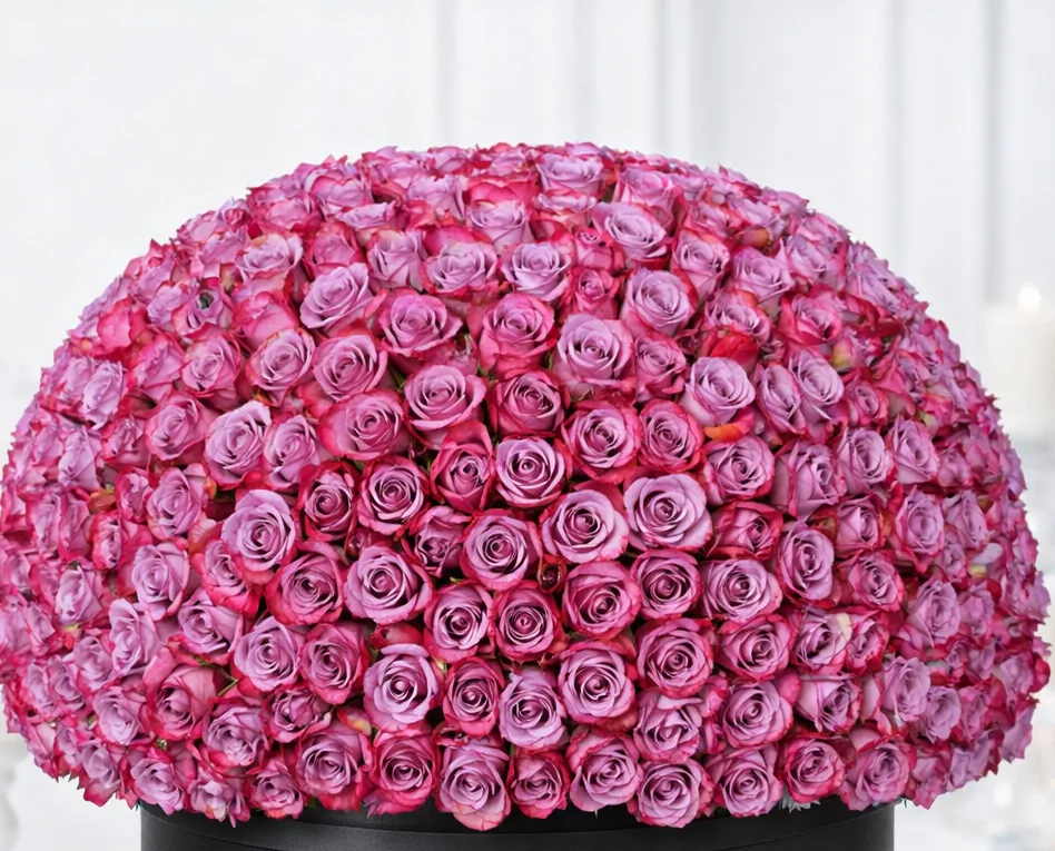 Close-up pink rose dome bouquet in elegant round box
