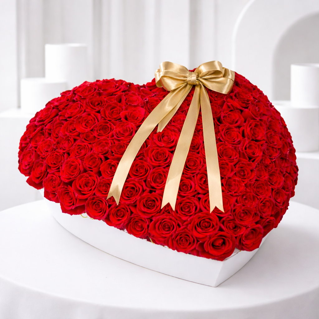 Luxury heart-shaped arrangement of red roses with a gold satin bow in a white box