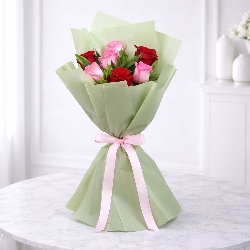 Pink and red rose bouquet wrapped in sage green paper with pink ribbon