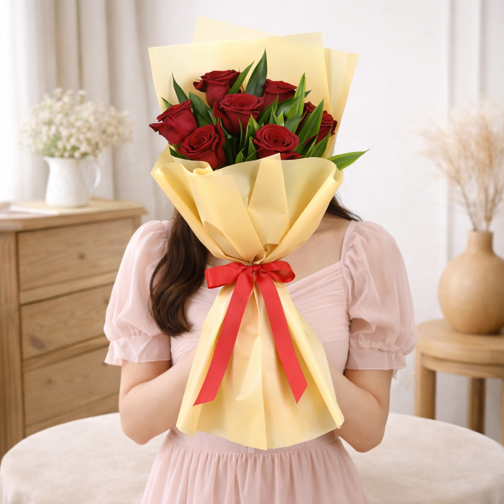 Woman holding red rose bouquet wrapped in beige paper with ribbon