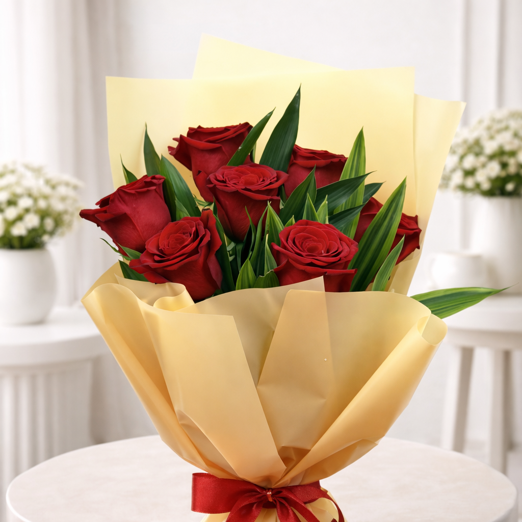 Close-up of red roses bouquet with green leaves and beige wrapping