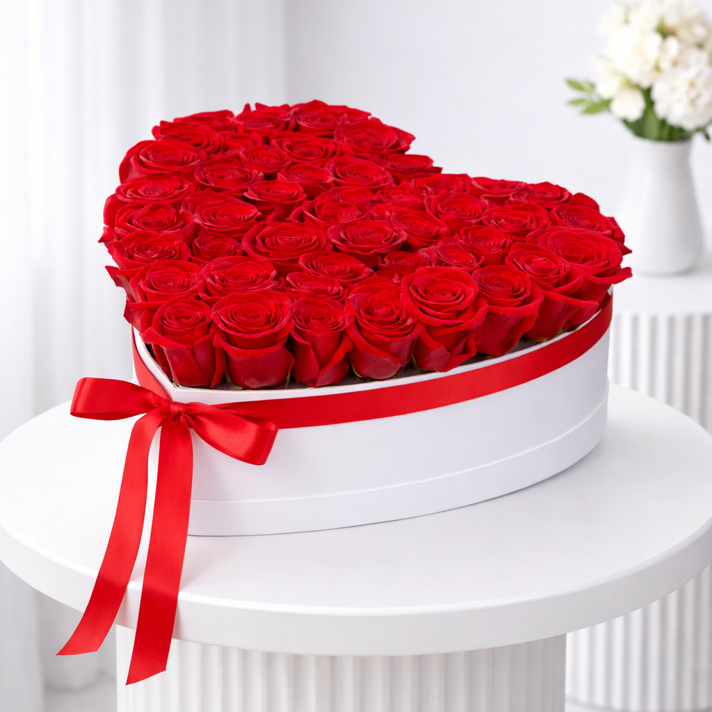 Close-up heart rose box arrangement with red ribbon on white round table