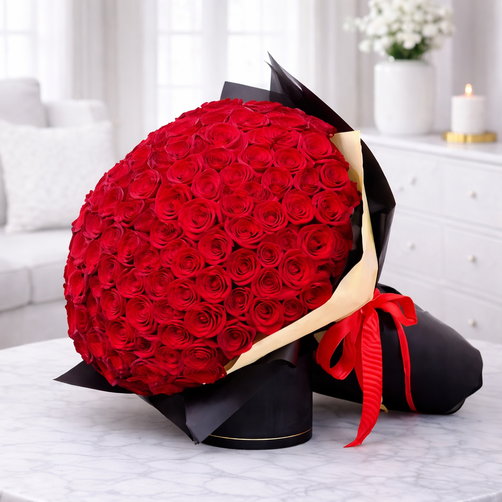 Luxury dome shaped red roses bouquet with ribbon on table