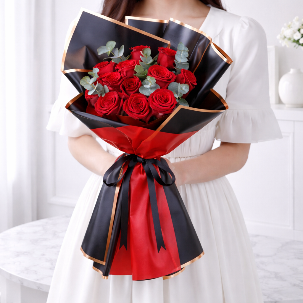 Woman holding elegant red roses bouquet with black and red wrapping