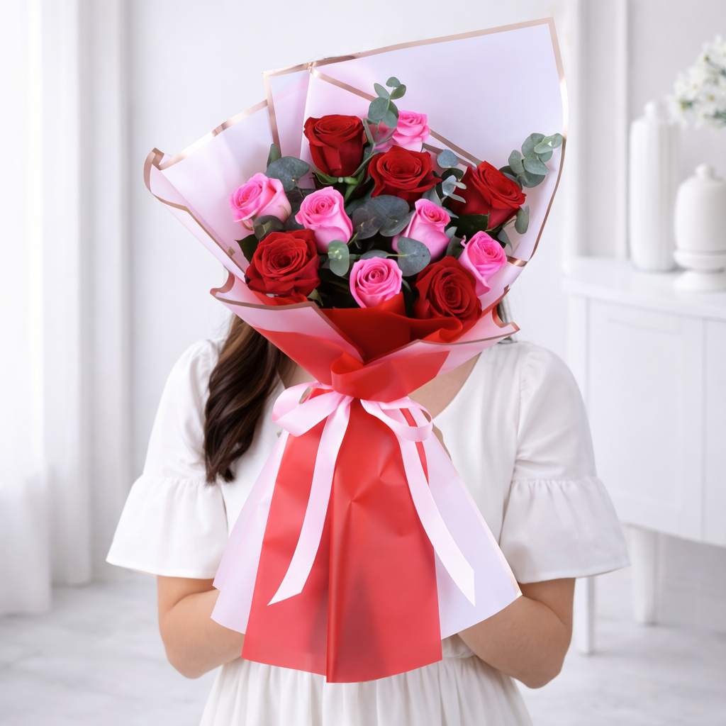 Person holding romantic red and pink roses bouquet with ribbon bow