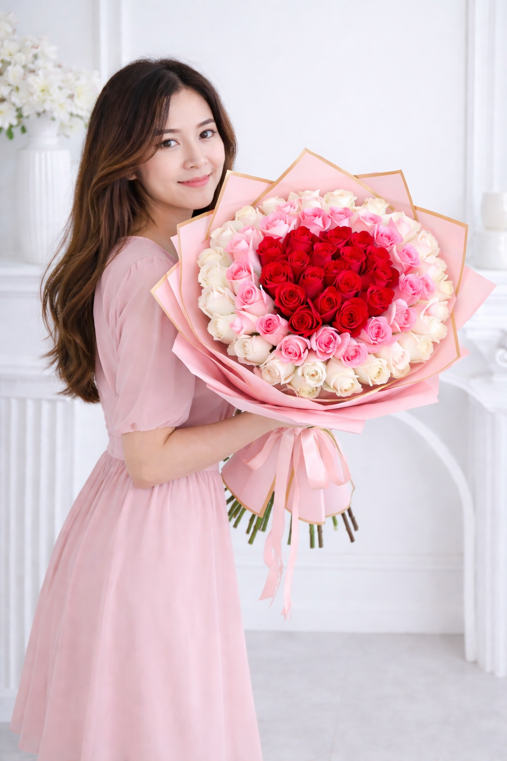 Woman holding large pastel rose bouquet in pink dress