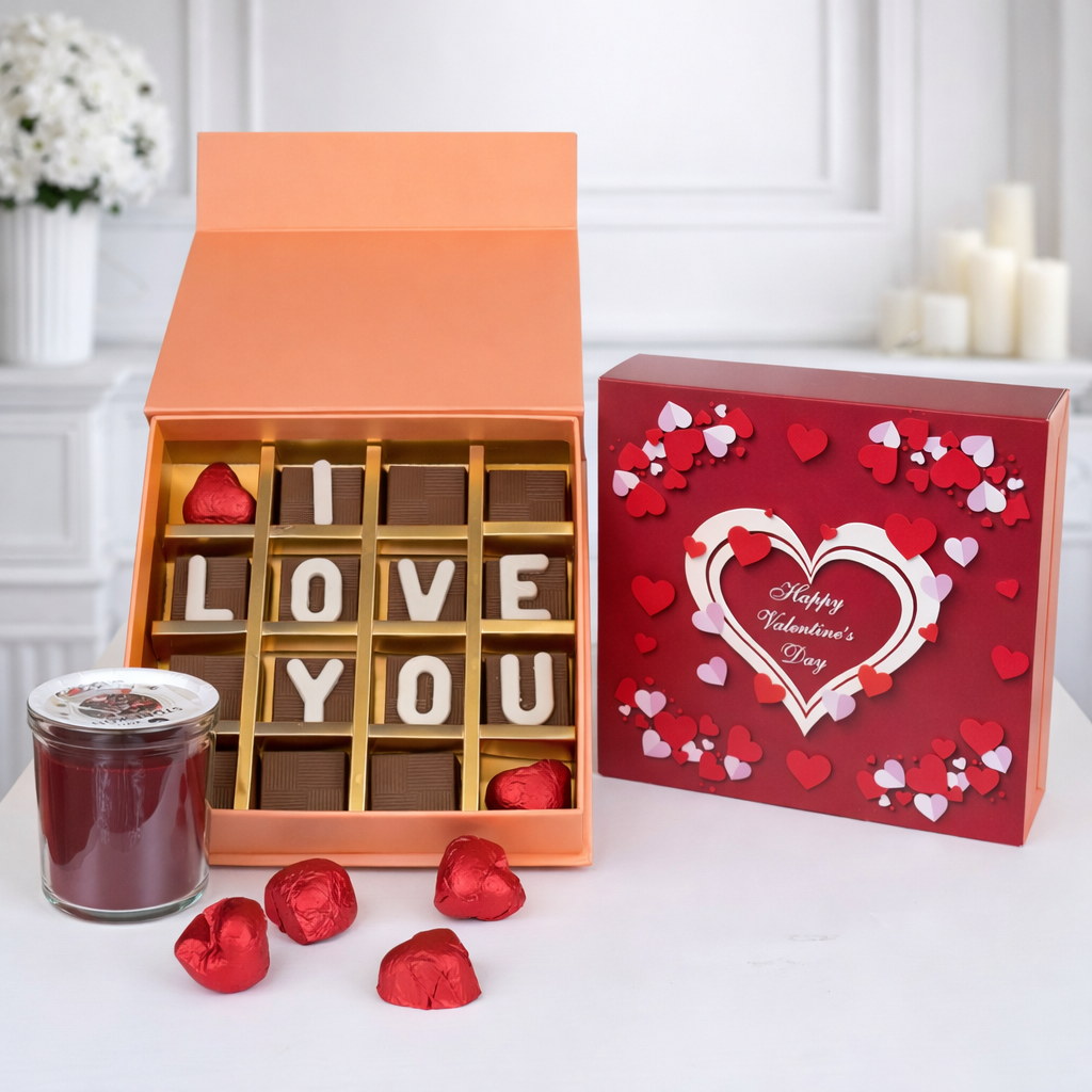 Valentine chocolate box with “Love You” message and heart chocolates
