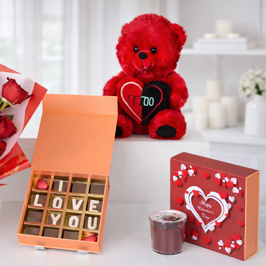 Valentine gift box with “Love You” chocolates, candle and teddy bear