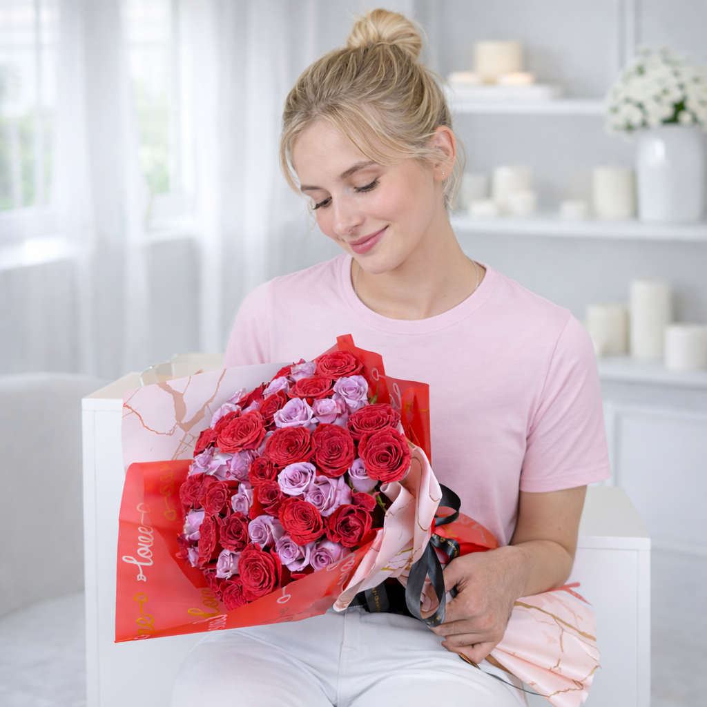 Woman holding romantic red and pink roses bouquet wrapped in love paper