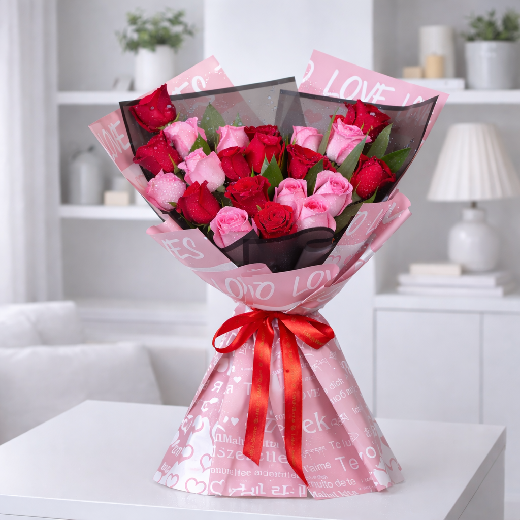 Pink and red rose bouquet wrapped in love-print paper with red ribbon on table