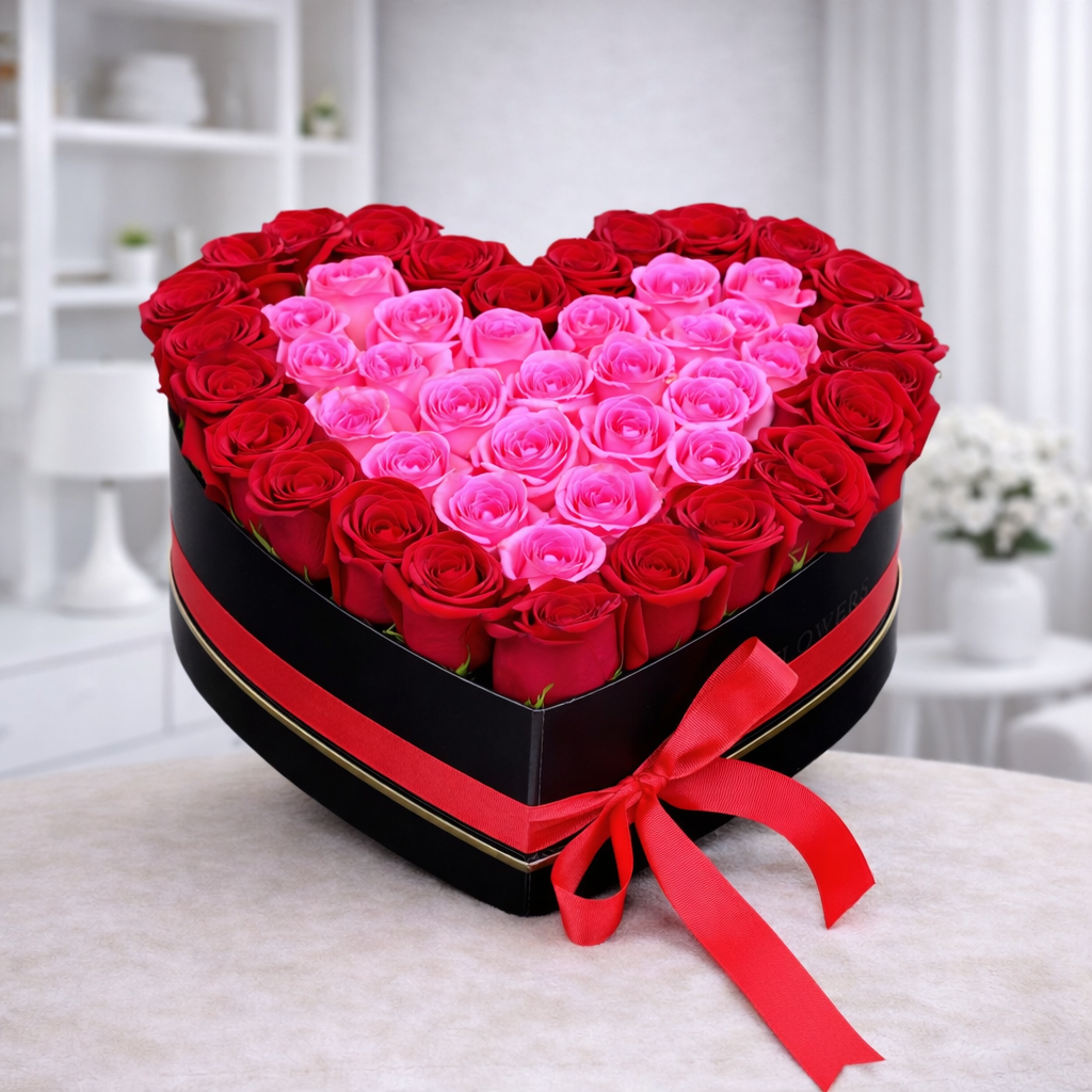 Romantic red & pink heart rose box luxury arrangement
