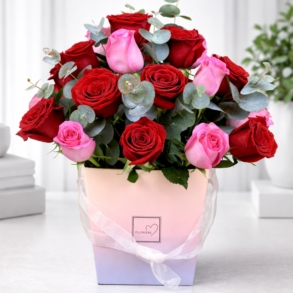 Romantic mixed rose box bouquet with eucalyptus greenery