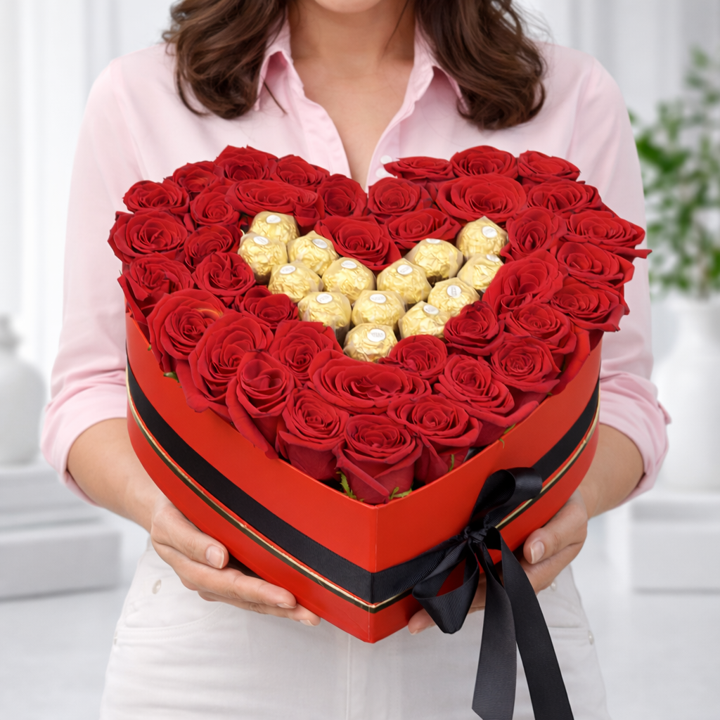 Romantic heart rose box with Ferrero chocolates romantic surprise gift
