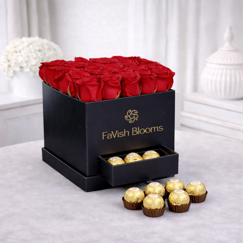 Luxury red rose box with chocolate drawer gift set
