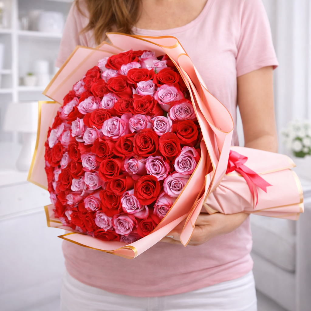 Romantic mixed roses hand bouquet gift arrangement