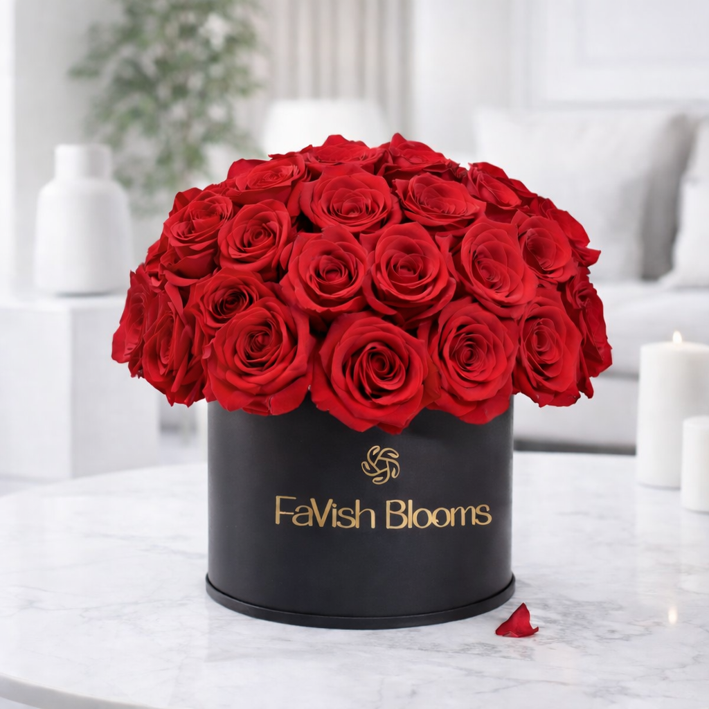 Luxury red rose hat box bouquet FaVish Blooms