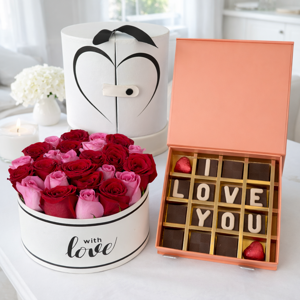 Red and pink roses hat box with I love you chocolate box