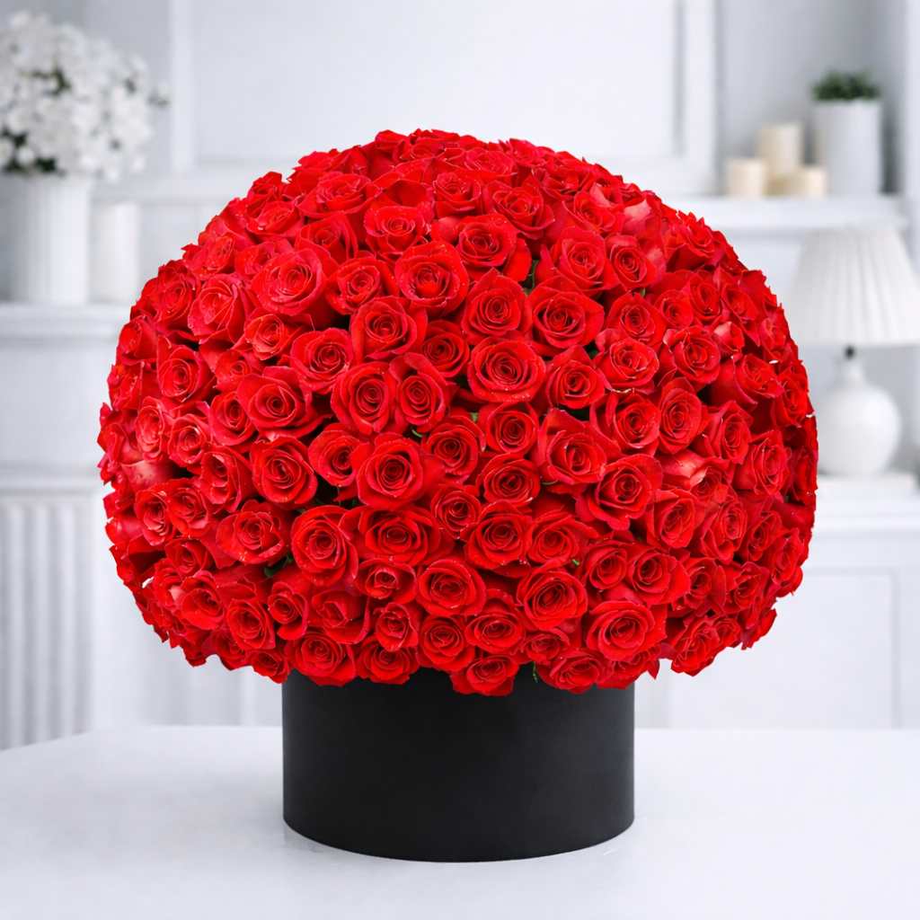 Giant dome red rose arrangement in luxury black box