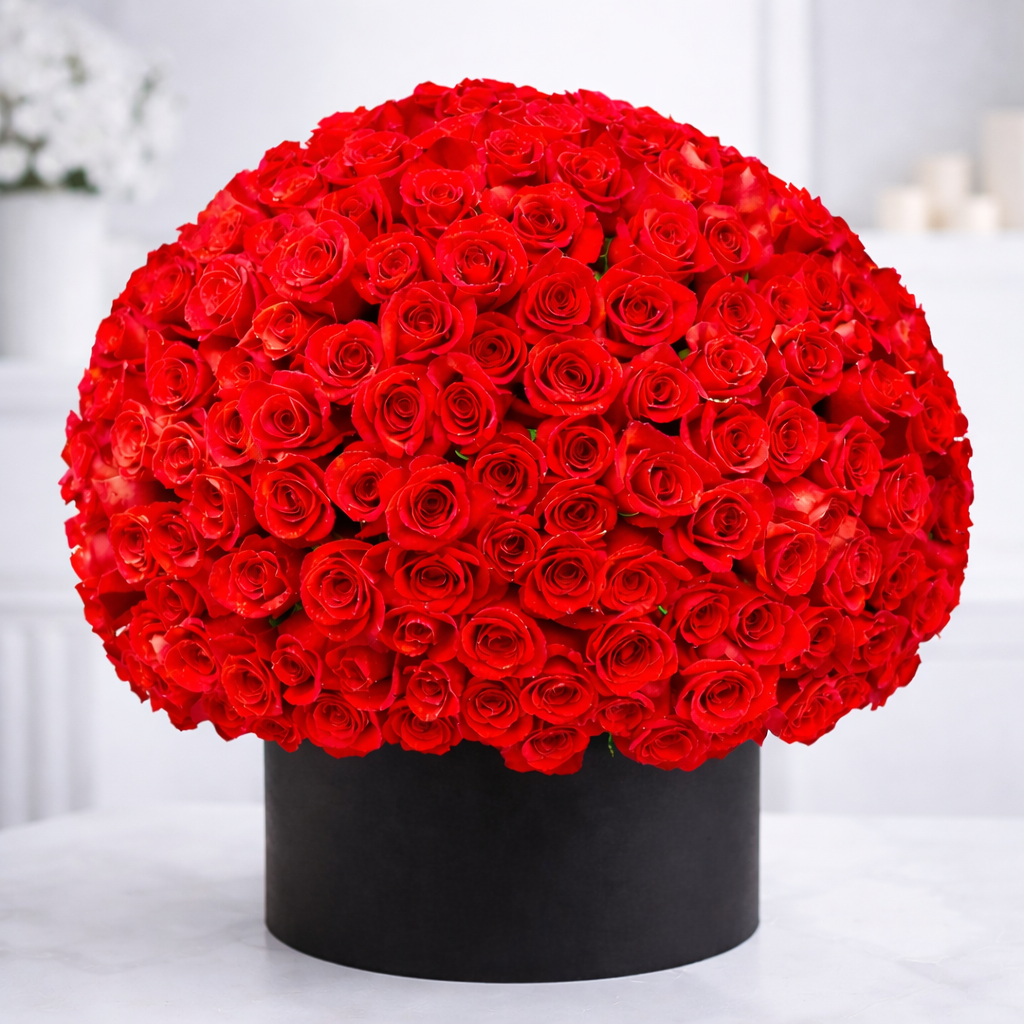 Premium large red roses hat box bouquet FaVish Blooms