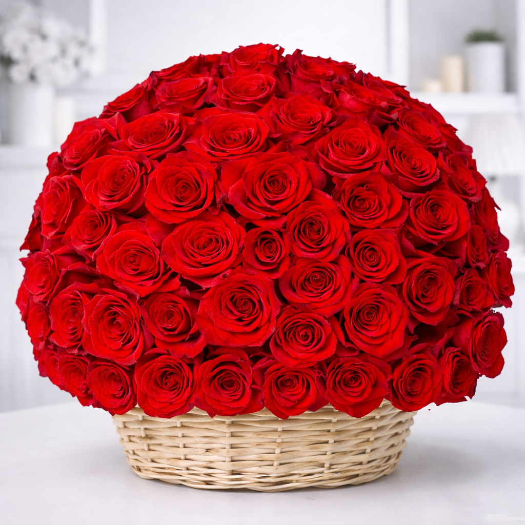 100 red roses arranged in a dome shape in a wicker basket.