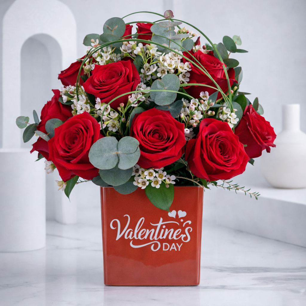 Red rose Valentine bouquet in decorative love themed box